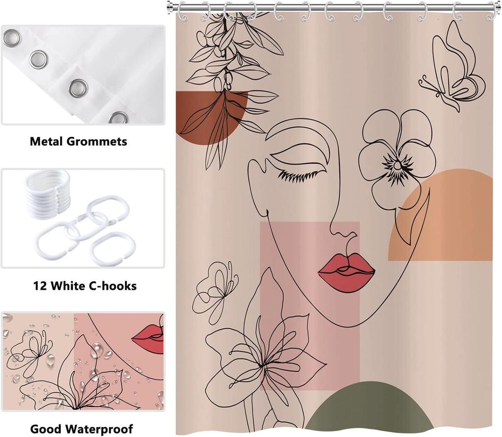 Bohemian Style Abstract Modern Floral Rose Face Shower Curtain 180X 180Cm Waterproof Shower Curtain With 12 Hooks