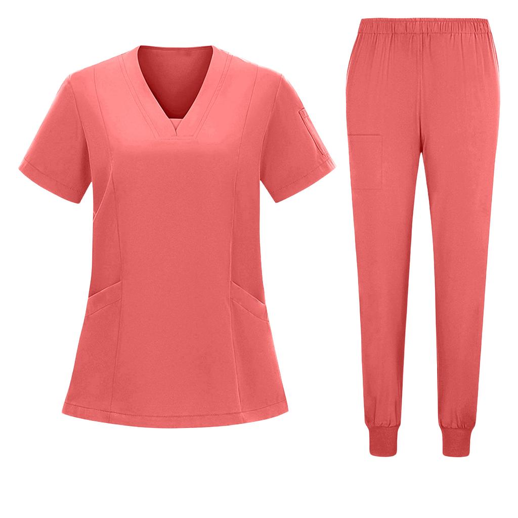 Women's Short Sleeved Color Round Neck Pocket Top Pants Work Clothes Two Piece Set