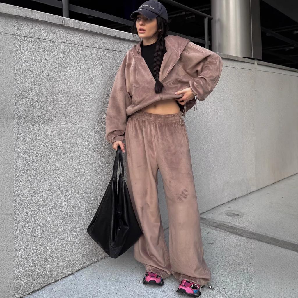 European and American Street Style Fashion Casual Women's Suit Solid Color Long-sleeved Zipper Cardigan Elastic Wide-leg Pants Two-piece Set Women