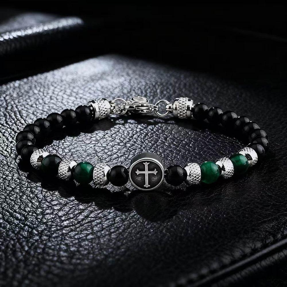 Men's 6mm Tiger Eye Beaded Bracelet with Stainless Steel Cross