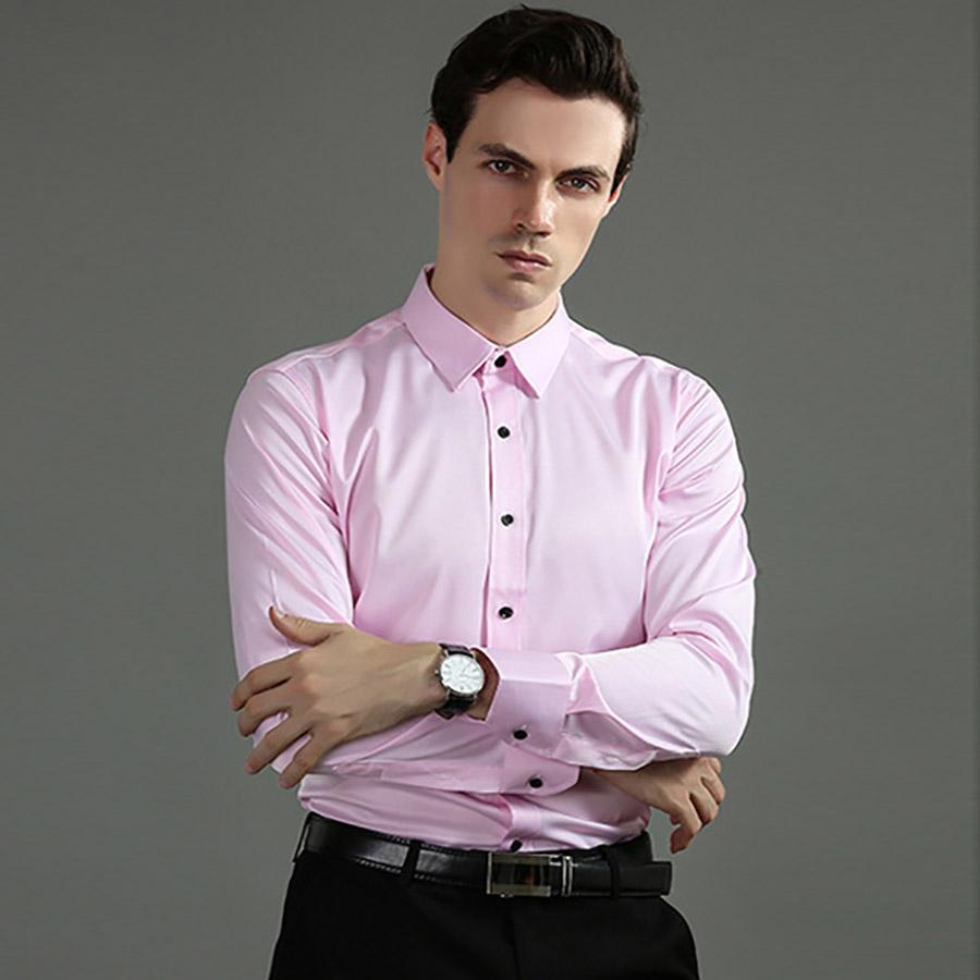 Elastic Non Ironing Men's Long Sleeve Shirt Solid Mercerized Vertical Oversize Men Shirts White Black Blue Top