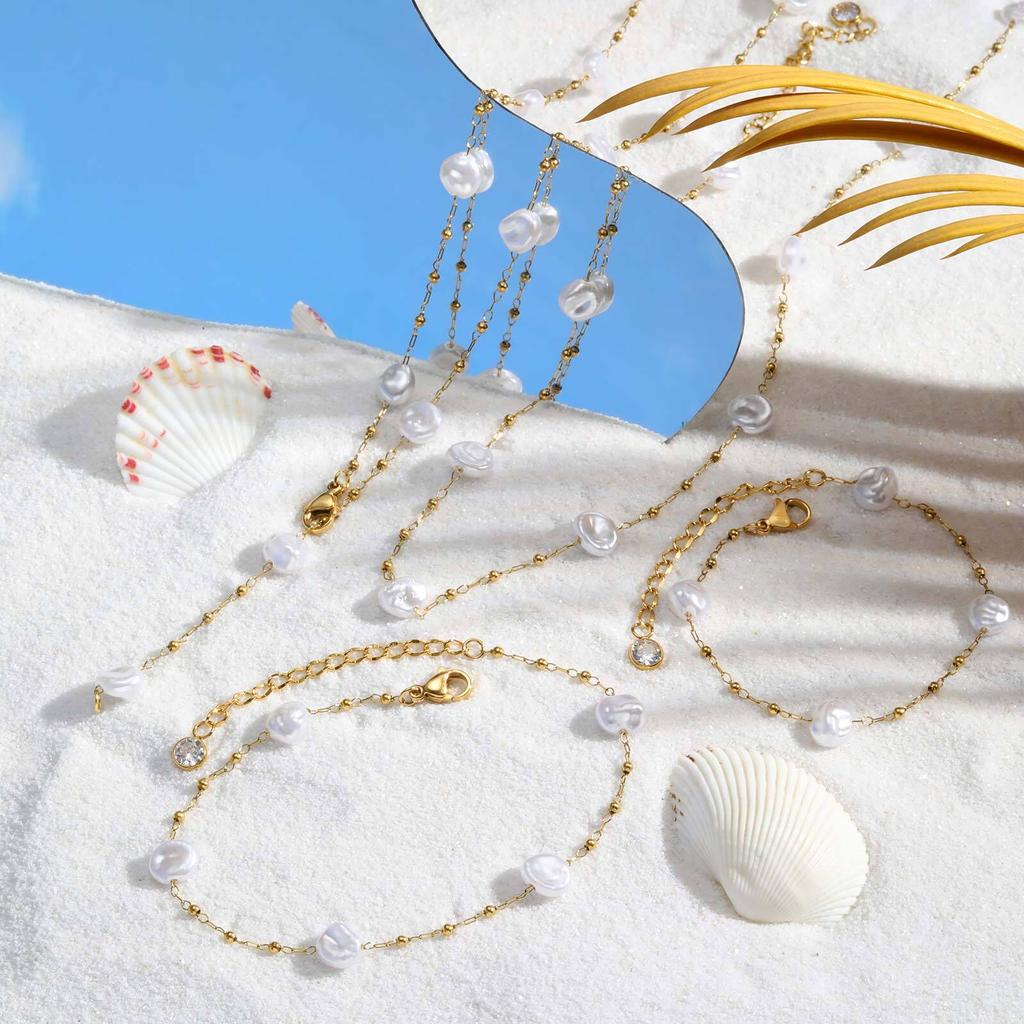 Waterproof Pearl Anklet, Stainless Steel Anklets Beads Link Chain Adjustable, Fashion Jewelry for Women Mom Wife Girlfriend