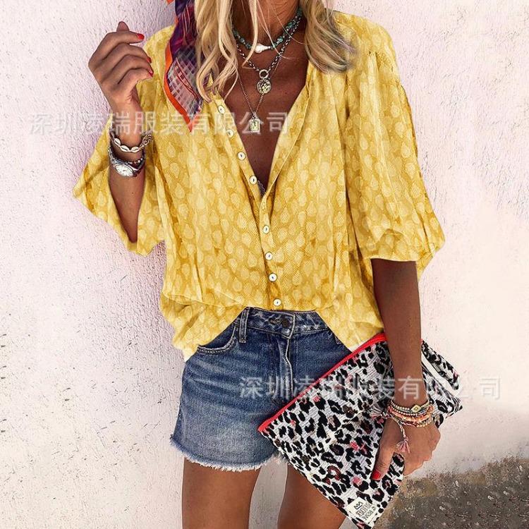 Printed Long Sleeve Loose Shirt Top Women Single Breasted Lapel Autumn Spring