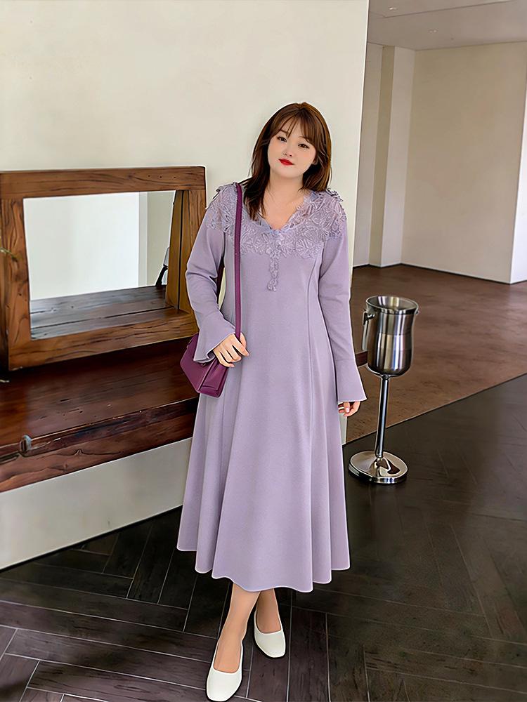 Plus Size Women's Elegant Suede Bell Sleeve Dress - Winter 2025 Collection