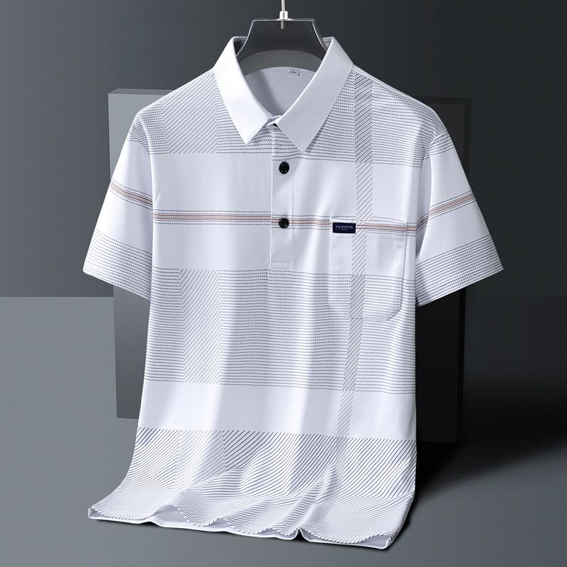 Men's Short Sleeve Button Summer Pullover Striped Pockets T-shirt Casual Formal Turn-down Collar Vacation Tops