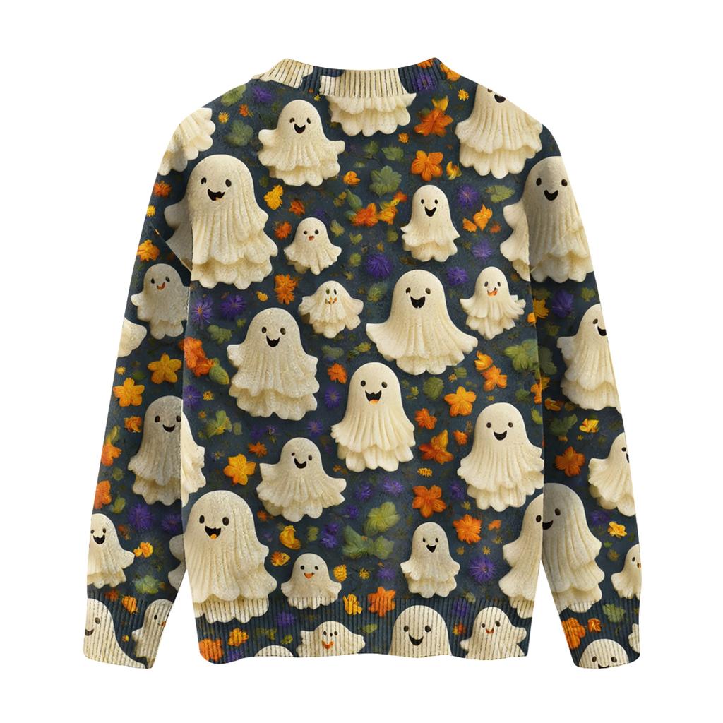 Ladies' Fashionable Casual Long Sleeved Halloween Printed Round Neck Knitted Yarn