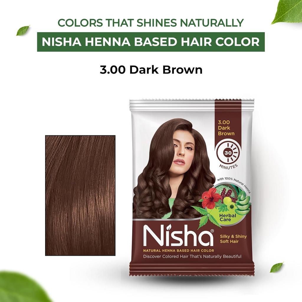 Nisha Tinta per Capelli Castano Scuro per Donne 25g x Confezione da 10 | Polvere Erboristica a Base di Henné | Tinta per Capelli a Lunga Tenuta, Senza Ammoniaca