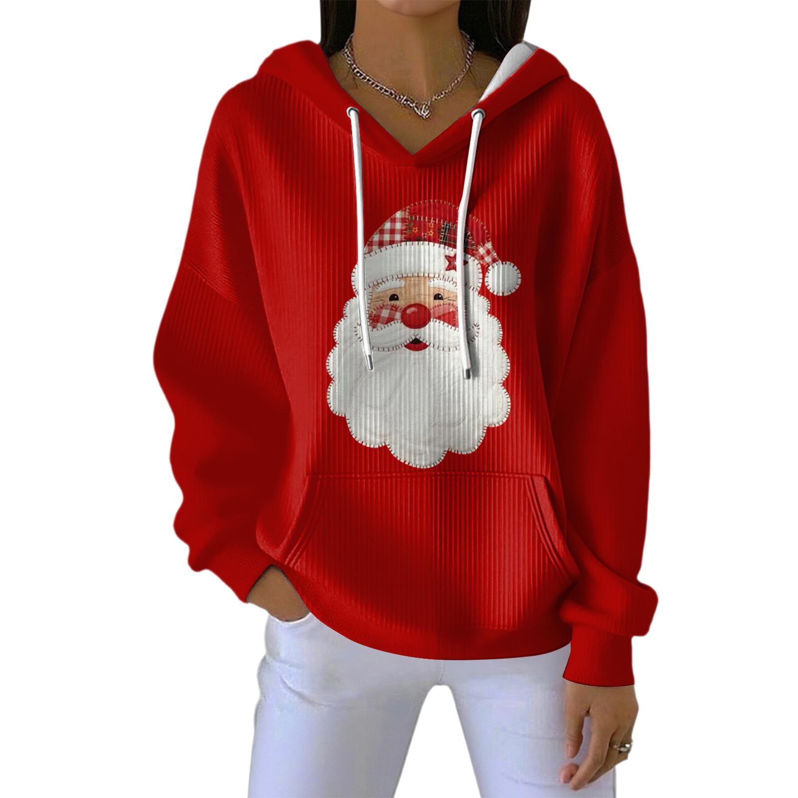 

Женское свободное и удобное худи с V-образным вырезом на кулиске и длинными рукавами с рождественским принтом L