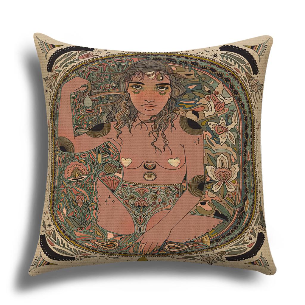 Classic Retro Girl Skull Illustration Cushion Cover Pillow Cover Sofa Cushion Cover Living Room Bedroom Soft Home Decoration