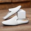 FashionGenuine Leather Loafers Mens Casual Shoes Breathable Men Half Flats Light Muller Shoes Fashion Comfort Slippers Summer Half Drag