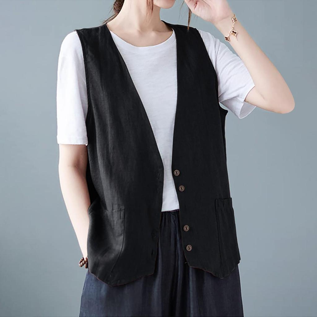 Women's Sleeveless Cotton Linen Vest Button Down V Neck Waistcoat Jacket