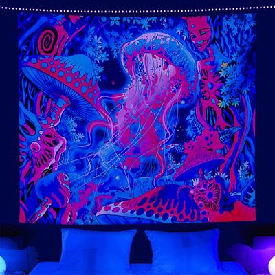 Fantasy Treehouse Blacklight Tapestry UV Reactive Forest River 2D Flat Printed Peach Skin Wall Hanging Party Backdrop Room Decor