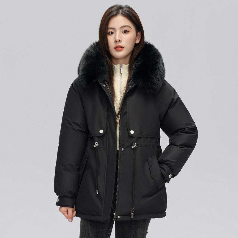 Women's New Velvet and Thickened Parka Short Korean Style Loose Waisted Large Fur Collar Jacket