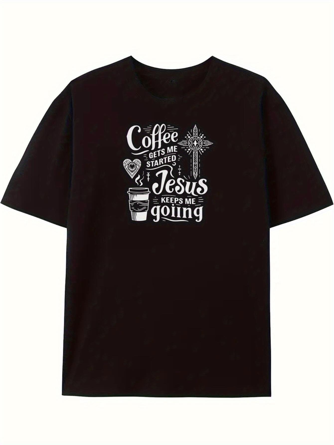 Mens Casual Summer ShortSleeve Crewneck TShirt Royal Blue with Inspirational Coffee Gets Me Started Jesus S