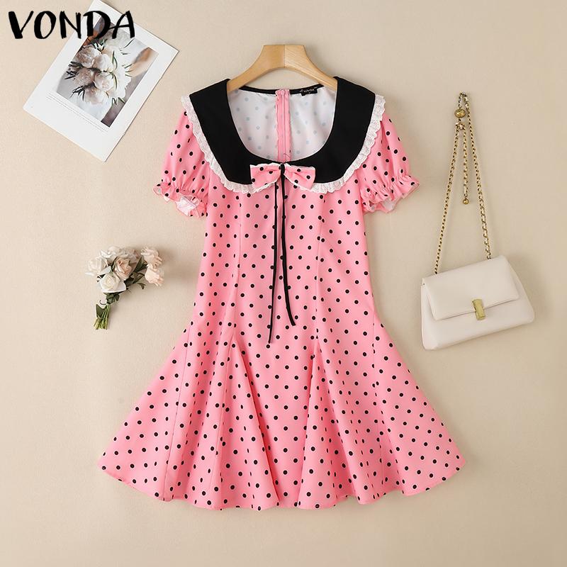 VONDA Summer Women Lapel Neck Short Sleeve Lace Hem Bow Knot Polka Dots Ruffled Mini Dress
