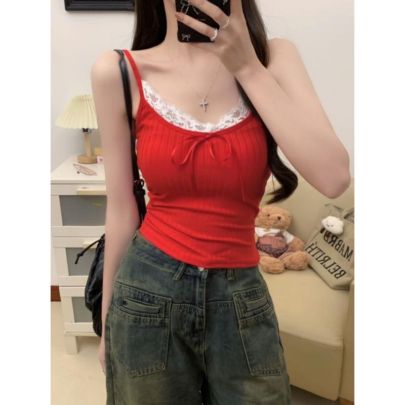 Pure Sexy Lace Splicing Pit Strap Tank Top Women with Chest Pad with Slim-fit Bottom Shirt