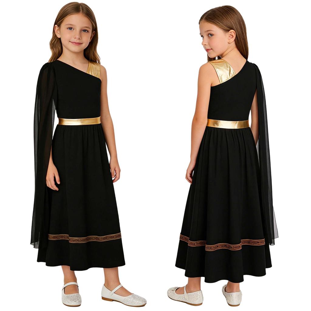 Costume da Esibizione Teatrale per Ragazze: Abito senza maniche con patchwork metallico e mantella a scialle per Cosplay di Dio Greco Romano