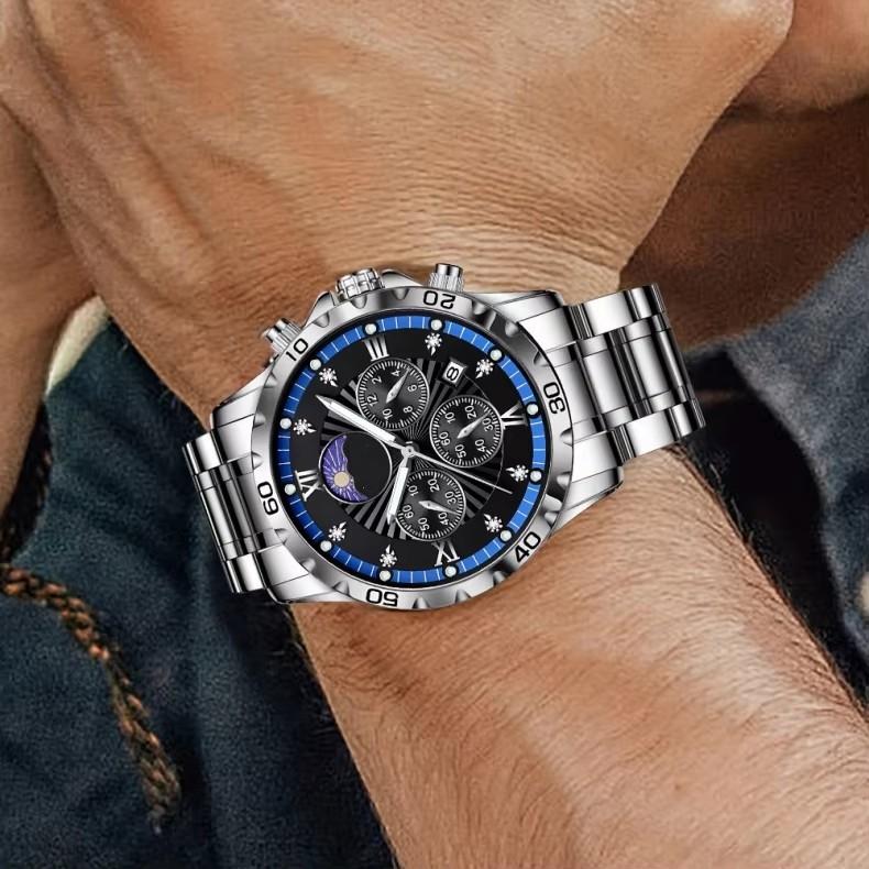 Men's Quartz Watch with Subdials Analog Wristwatch with Date-Display Waterproof Luminous Chronograph Dress Watches Stainless Steel Band
