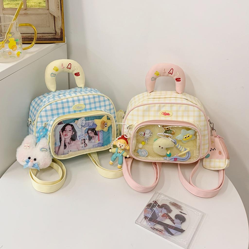 Schoolbag Korean ins wind transparent pain bag plaid oblique straddle bag going out commuting backpack girl shopping versatile shoulder bag