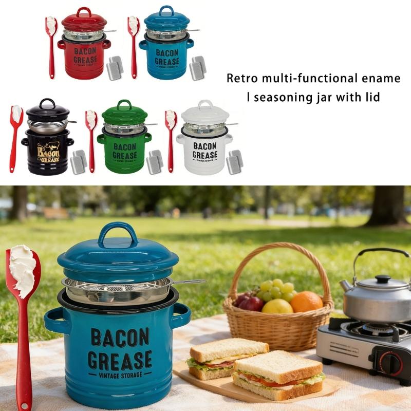 652F Enamel Bacons Grease Storage Container Jar with Strainer And Silicone Spatula Tool For Flavor Preserving Fat Keeper Box