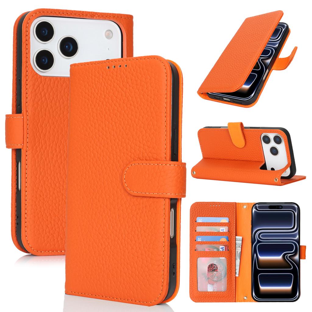For iPhone 17 Pro Max Stand Case Litchi Texture Genuine Cow Leather Wallet Phone Cover RFID Blocking