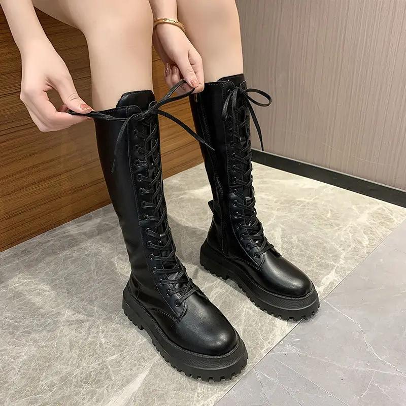 2026 New Zip Black Knee High Boots for Women Spring Pu Leather Ladie Punk Long Female Lace Up Thigh High Boots  Botas Para Mujer
