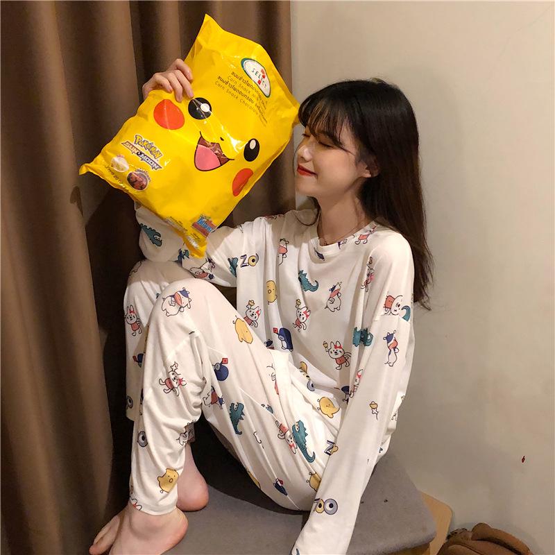 Set Pijama Dama Desen Animat - Cămașă cu Mânecă Lungă și Pantaloni, Haine de Casă pentru Studente Mignone pentru Primăvară și Toamnă