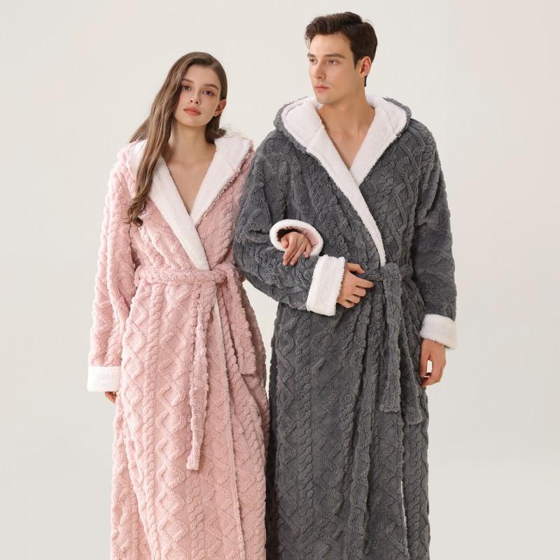 B2W Digital Mens Womens Flannel Robe Hooded Fleece Bathrobe Thick Warm Winter Loungewear