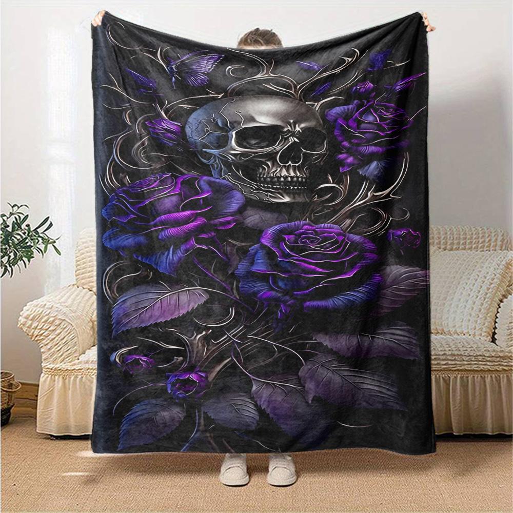 1pc Skull Roses Throw Blanket Soft Flannel, Cozy All Season Polyester Perfect for Home, Office