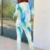 Women Plus Size Dark Blue Printed Round Neck Long Sleeve Top Fitted Pants Two Piece Set