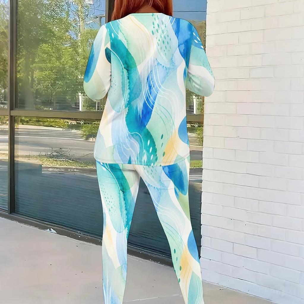 Women Plus Size Dark Blue Printed Round Neck Long Sleeve Top Fitted Pants Two Piece Set