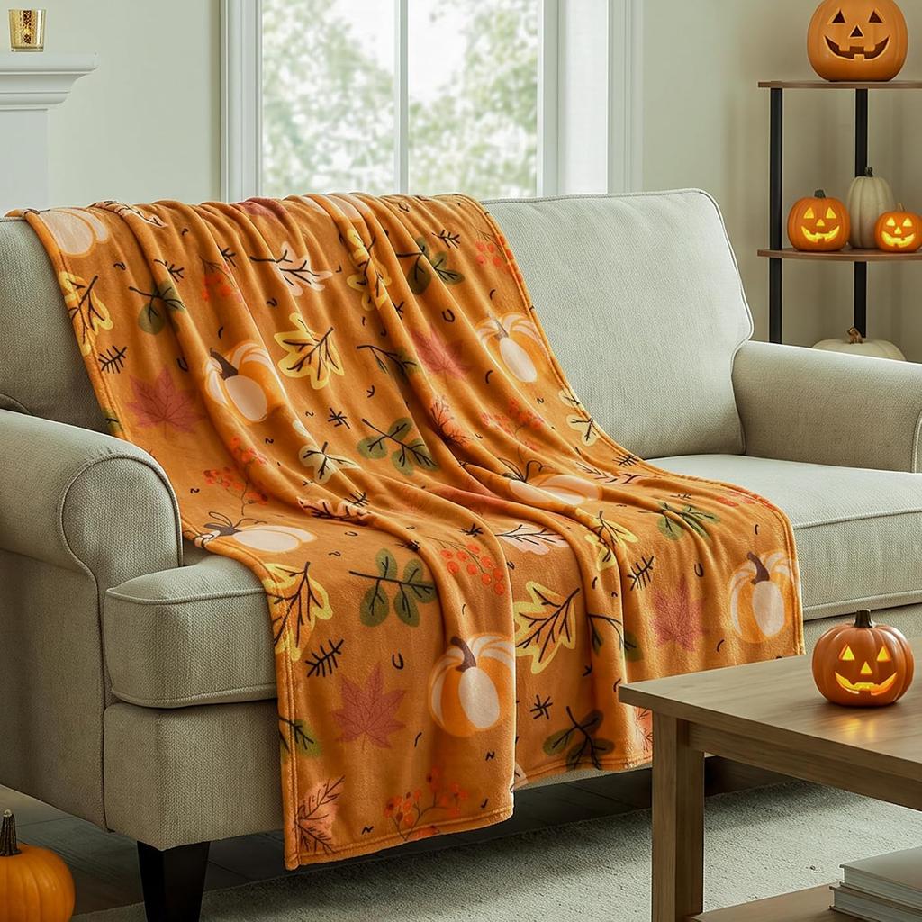 Autumn Pumpkin Maple Leaf Flannel Throw Blanket Orange Fall Harvest Botanical Soft Cozy Sofa Throw Blanket