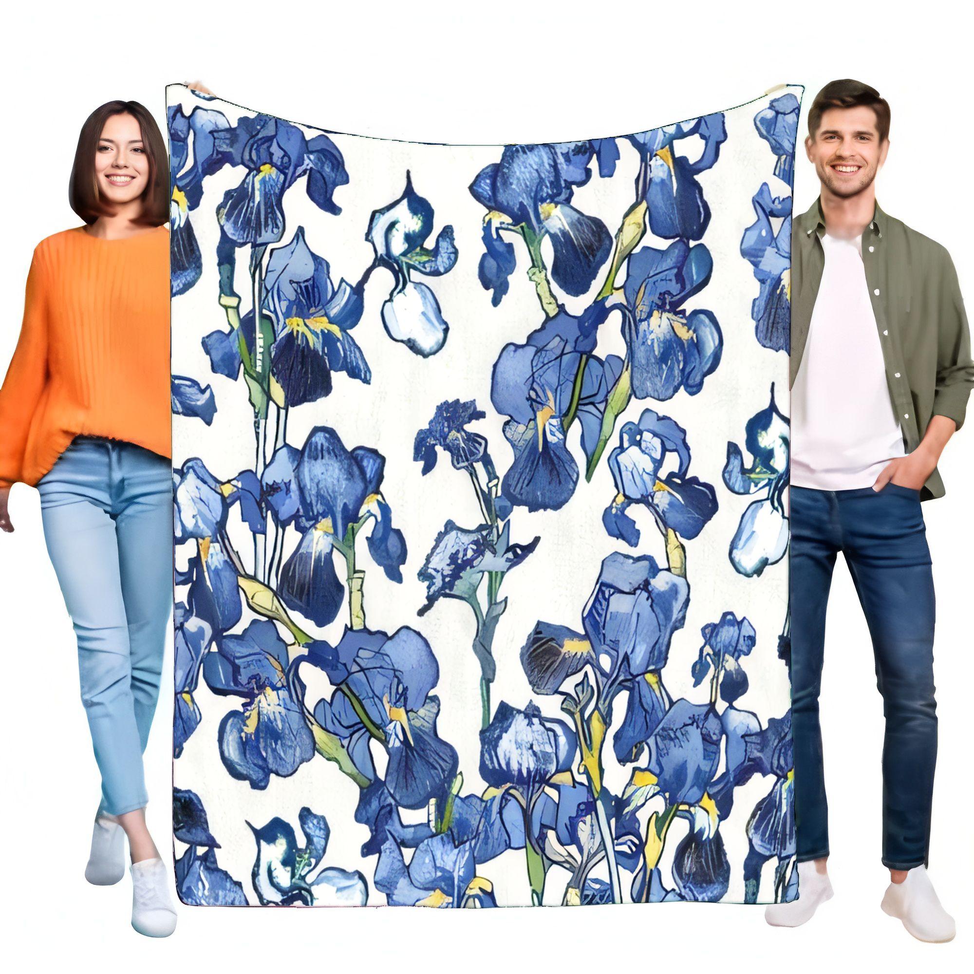 Van Gogh Irises Art Blanket Soft Cozy Fleece Throw, Blue Floral Painting Bed Sofa Couch Decor, Lightweight Unique Gift for Art L Size: 75*100cm, Weight: 230 GSM