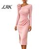 Simple Style Dress Women's Cocktail Party Bodycon Midi Dress, Long Sleeve 3D Women Casual Flower Ruched Formal Wedding Guest Evening Gown Retro