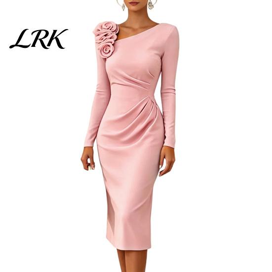 Simple Style Dress Women's Cocktail Party Bodycon Midi Dress, Long Sleeve 3D Women Casual Flower Ruched Formal Wedding Guest Evening Gown Retro
