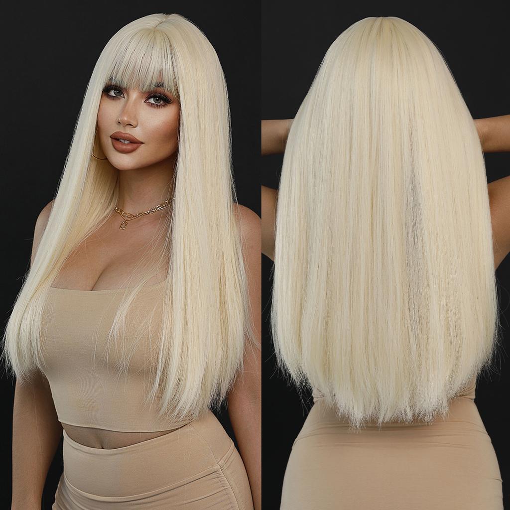 Long Straight Light Blonde Wig For Women Daily Party Highlight Brown Synthetic Layered Hair Wigs With Bangs Halloween Cosplay