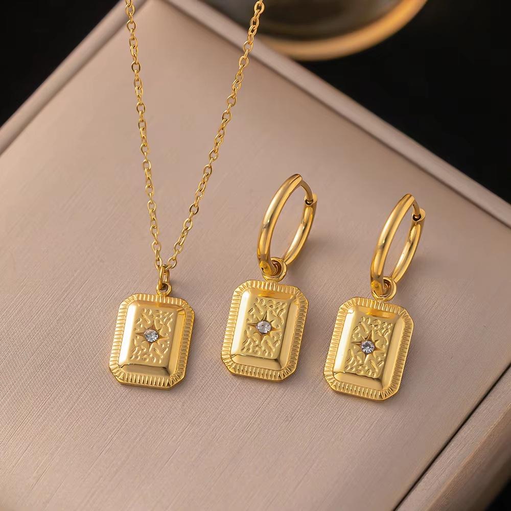 Fashion New Zircon Square Pendant Necklace Earring Set Gold-Plated Stainless Steel  Sets Suitable For Party Gifts