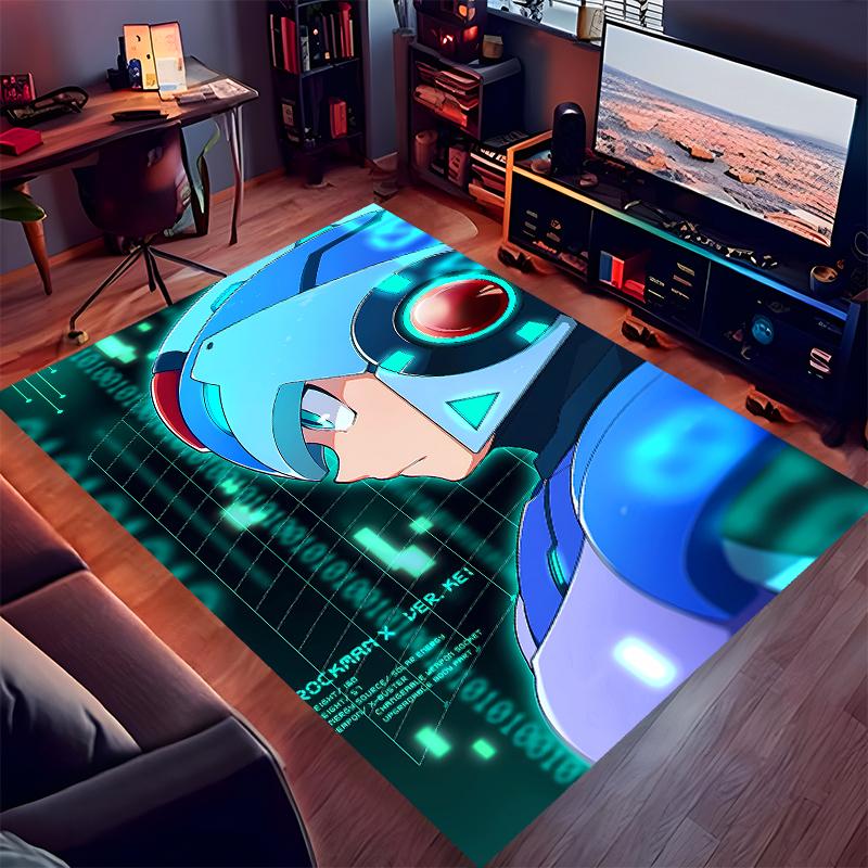 1pc Cartoon Rockman Game Megaman Print Area Rug - Soft, Washable Non-Slip Indoor Mat for Office Chairs, Living Room, Home Office Decorative Rug
