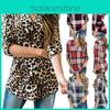 Women Vintage V-neck Loose Tops Long Sleeve Stylish T-shirt With Plaid Casual Design