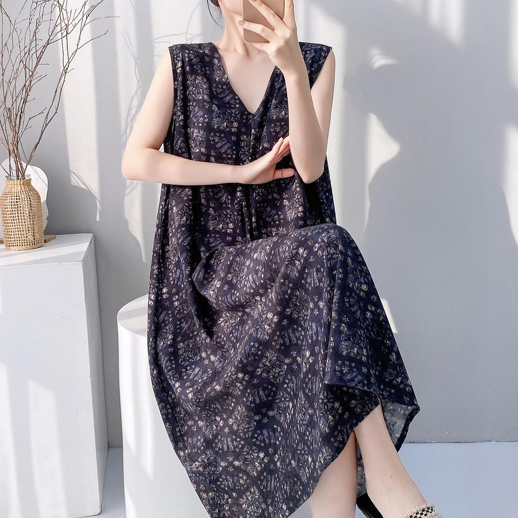 Retro style floral nightdress with chest pad women's summer thin anti-bumping loose large size can be worn outside loungewear skirt