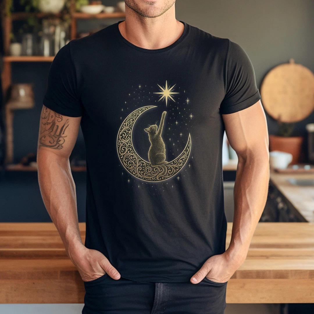 Cute Cat Crescent Moon Stars T-Shirt 3XL