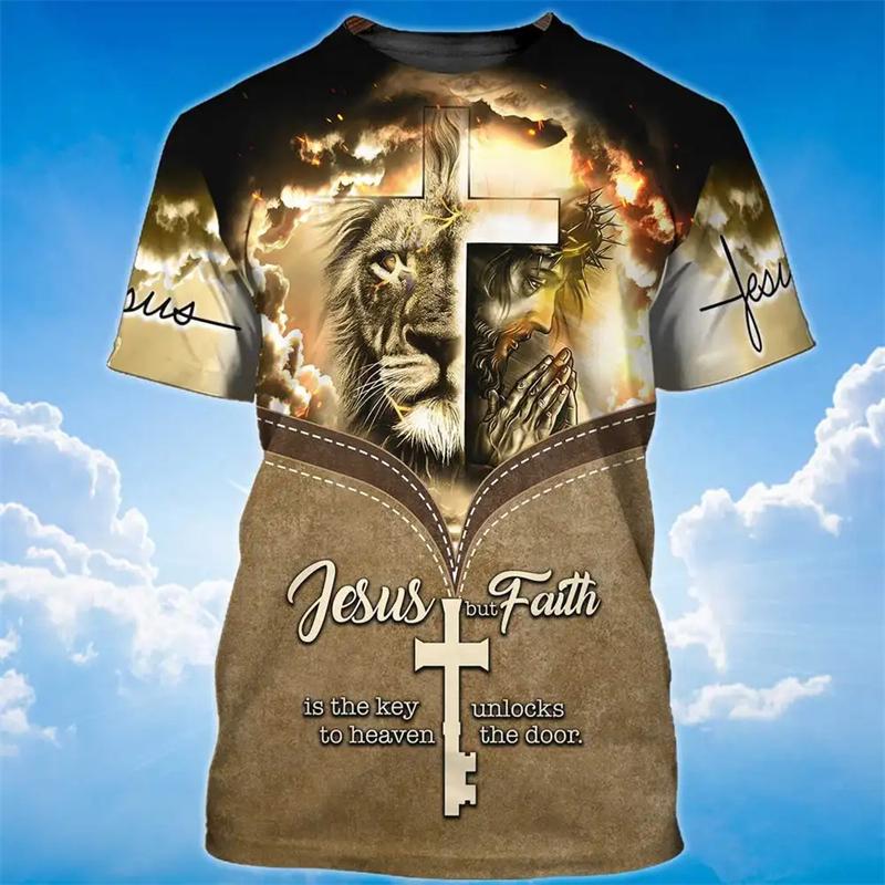 Fashion 3D Jesus Cross Print T Shirt For Men Christianity God Graphic Oversized T-shirts Daily Casual O-neck Short-sleeved Tops