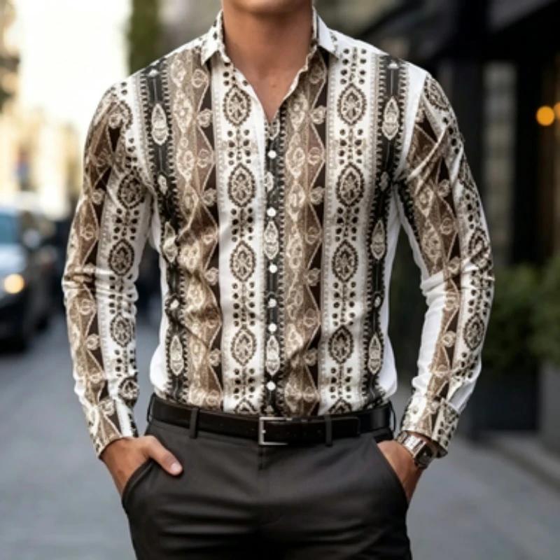 Ethnic Print Long Sleeve Shirt, Stylish Men's Casual Formal Top