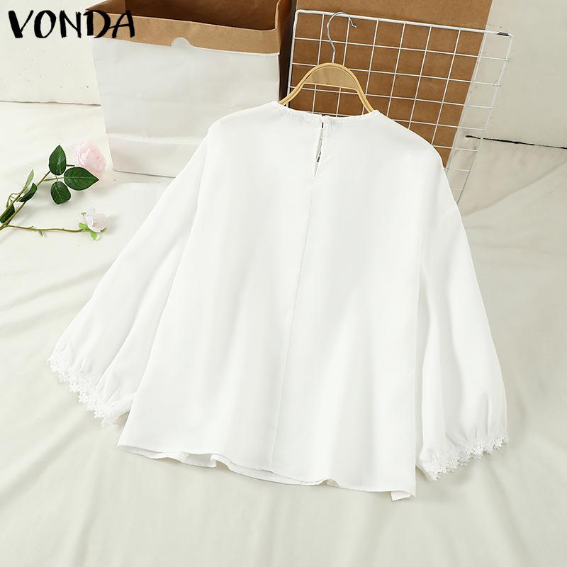 VONDA Damen Sommer Rundhals Spitze Kurzarm Einfarbig Blusen