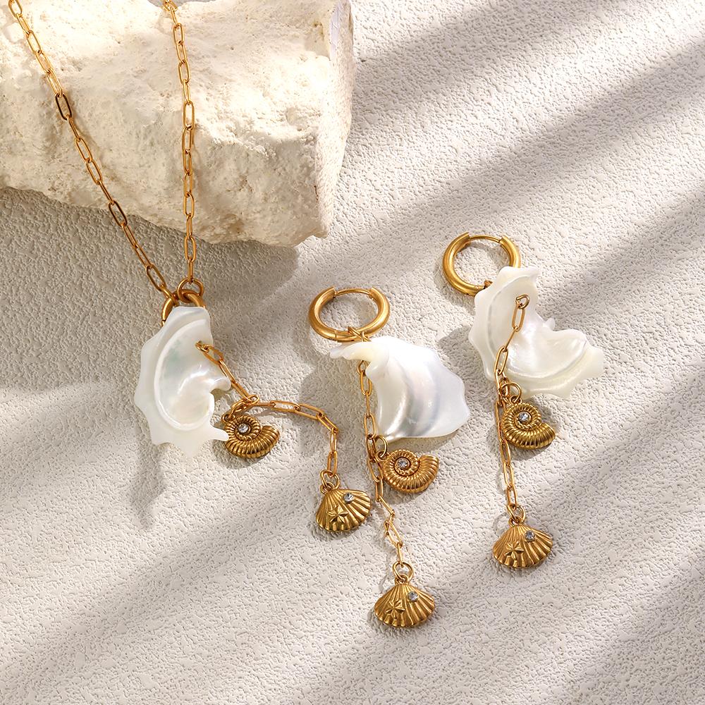 MamacitaSlay 316L Stainless Steel Shell Conch Earrings Necklace 18K Gold Plated Waterproof Casual Beach Jewelry Set For Women