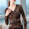 Coffee design mesh top, high-end new autumn long-sleeved v-neck t-shirt, women's tie-dye thin bottoming shirt