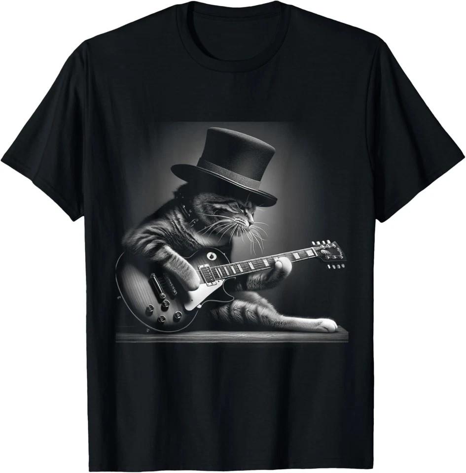 Cat Playing Guitar Funny Rock Music Guitar Cat T-Shirt S
