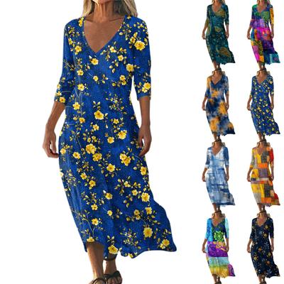 Women's Vintage Print Tunic Waisted Midi Dress Summer Casual 3/4 Sleeve Dress Dress