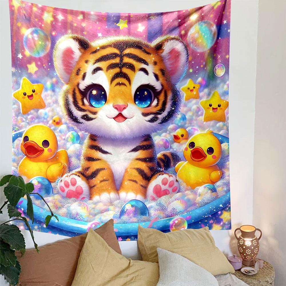 Cute Tiger In Bubble Fun Scene Patterned Tapestry Decorative Wall Hanging, Home Bedroom Living Room Decor