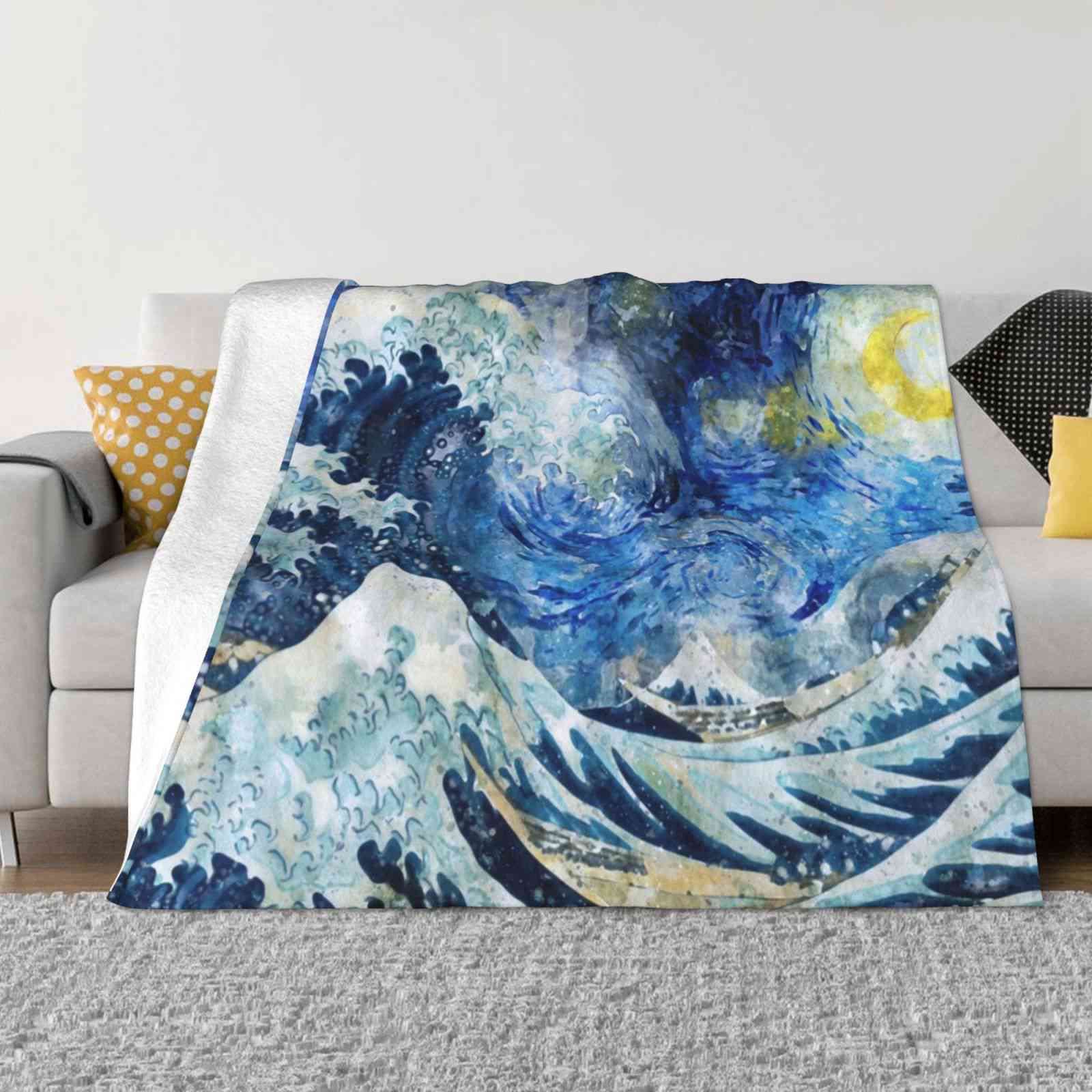 Great Wave During A Starry Night ( Click On Artist Notes ) Hot Sale Printing High Qiality Warm Flannel Blanket Great Wave 30x40in